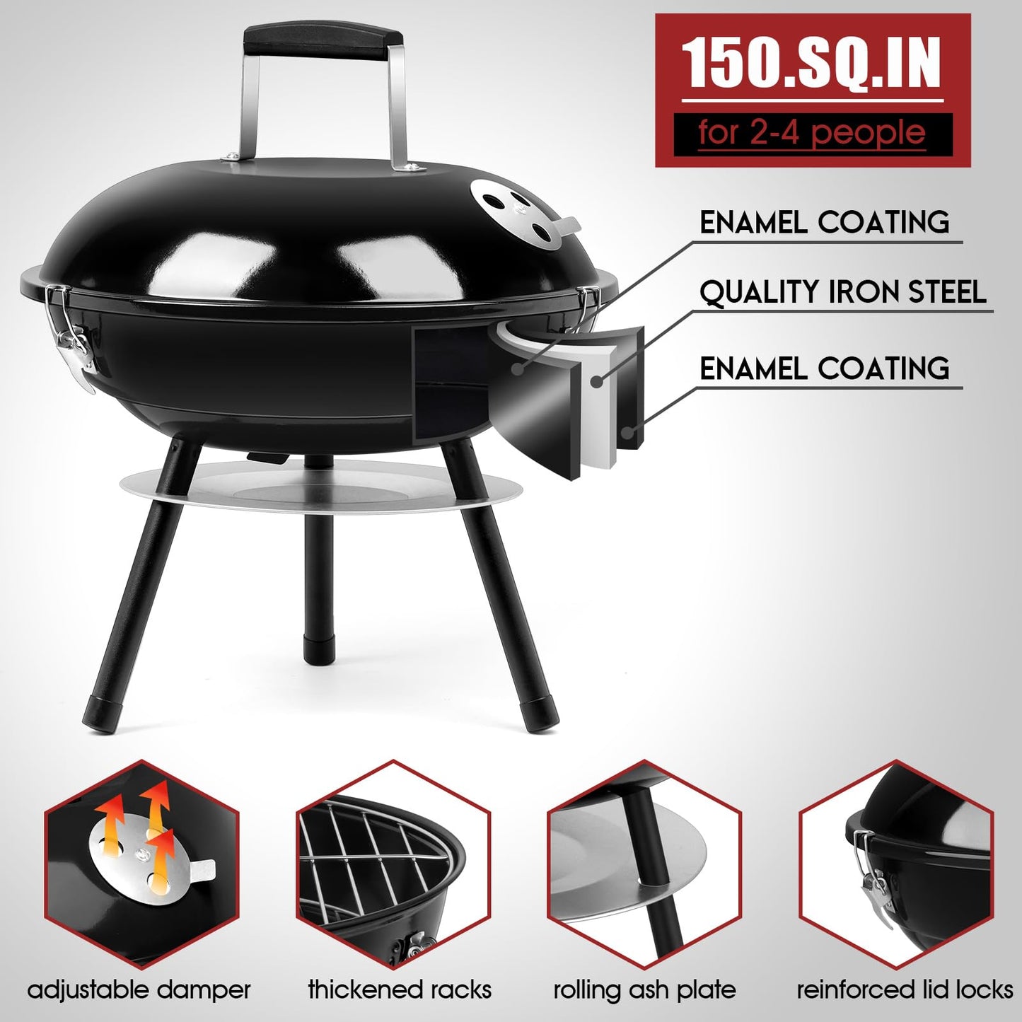 HaSteeL 14 Inch Charcoal Grill, Small Black Enamel Outdoor BBQ Grill, Mini Flat Top Kettle Barbecue Grill with Screwdriver, Portable for Backyard Garden Camping Cooking Smoking, Dual Venting System - CookCave