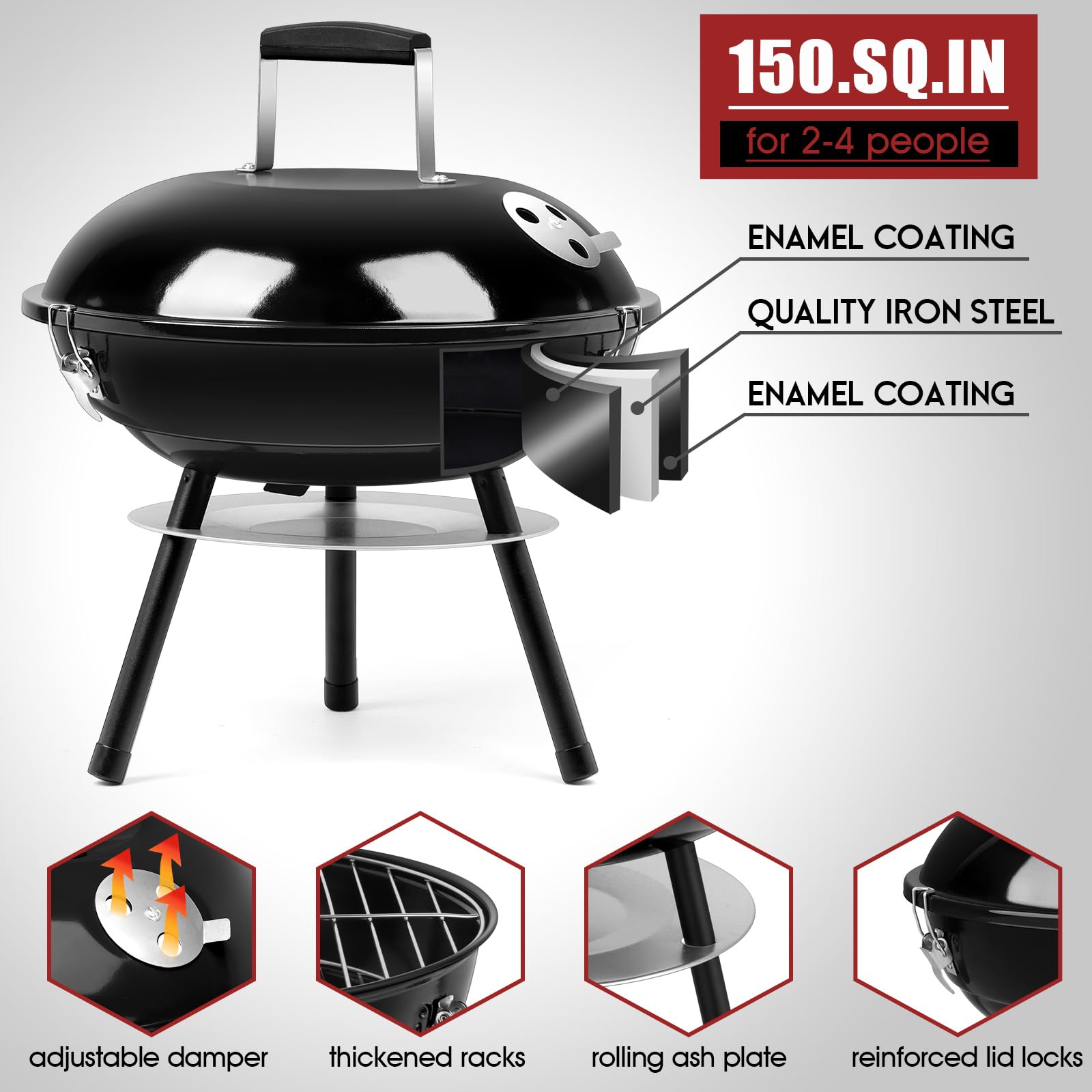 HaSteeL 14 Inch Charcoal Grill, Small Black Enamel Outdoor BBQ Grill, Mini Flat Top Kettle Barbecue Grill with Screwdriver, Portable for Backyard Garden Camping Cooking Smoking, Dual Venting System - CookCave