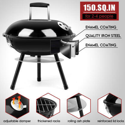 HaSteeL 14 Inch Charcoal Grill, Small Black Enamel Outdoor BBQ Grill, Mini Flat Top Kettle Barbecue Grill with Screwdriver, Portable for Backyard Garden Camping Cooking Smoking, Dual Venting System - CookCave
