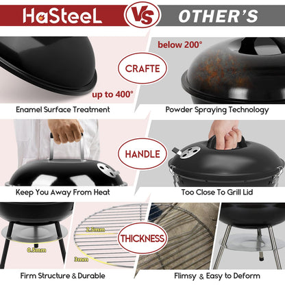 HaSteeL 14 Inch Charcoal Grill, Small Black Enamel Outdoor BBQ Grill, Mini Flat Top Kettle Barbecue Grill with Screwdriver, Portable for Backyard Garden Camping Cooking Smoking, Dual Venting System - CookCave