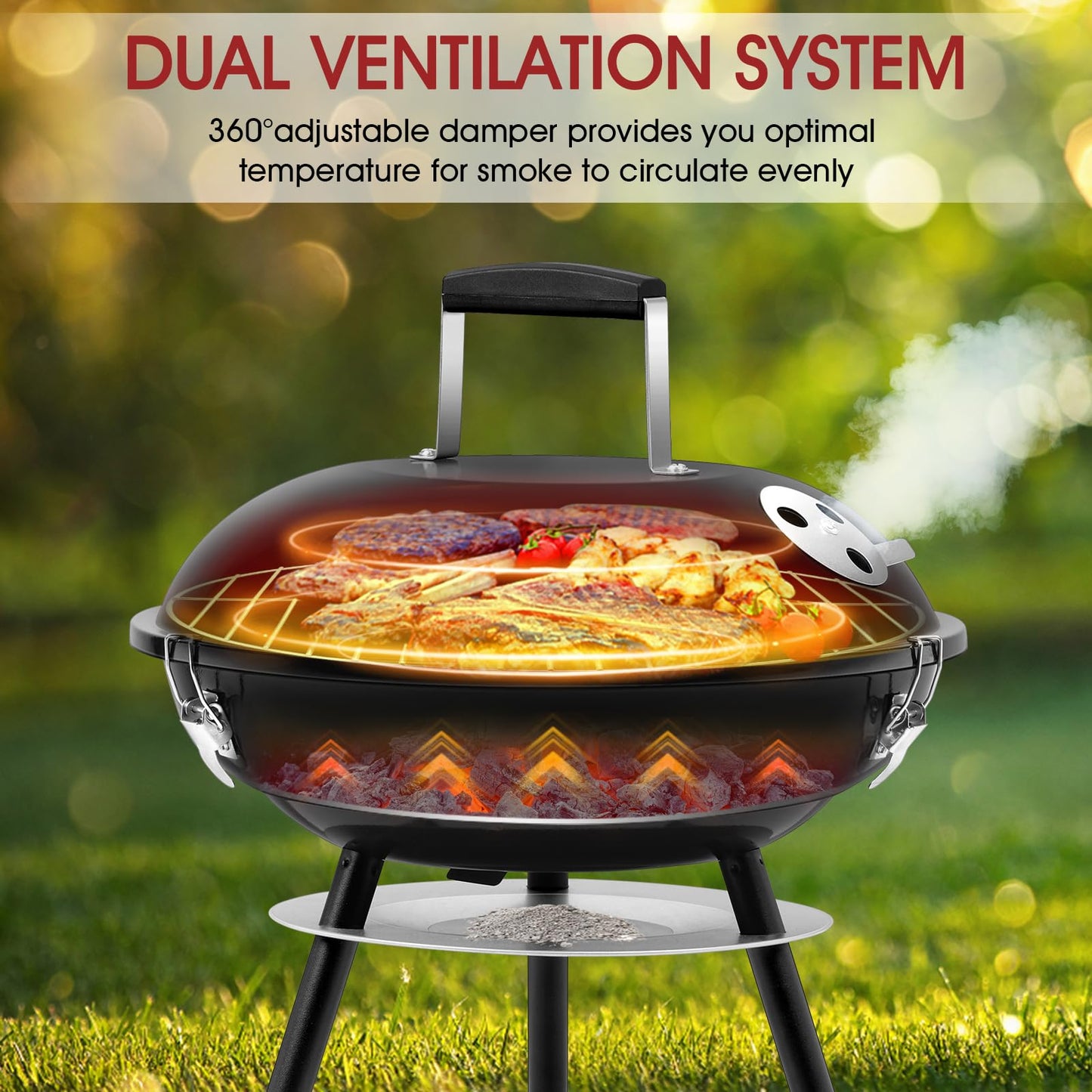 HaSteeL 14 Inch Charcoal Grill, Small Black Enamel Outdoor BBQ Grill, Mini Flat Top Kettle Barbecue Grill with Screwdriver, Portable for Backyard Garden Camping Cooking Smoking, Dual Venting System - CookCave