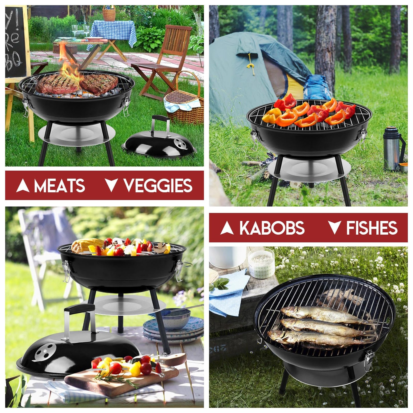 HaSteeL 14 Inch Charcoal Grill, Small Black Enamel Outdoor BBQ Grill, Mini Flat Top Kettle Barbecue Grill with Screwdriver, Portable for Backyard Garden Camping Cooking Smoking, Dual Venting System - CookCave