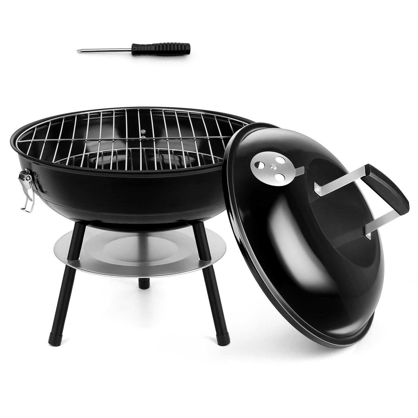 HaSteeL 14 Inch Charcoal Grill, Small Black Enamel Outdoor BBQ Grill, Mini Flat Top Kettle Barbecue Grill with Screwdriver, Portable for Backyard Garden Camping Cooking Smoking, Dual Venting System - CookCave