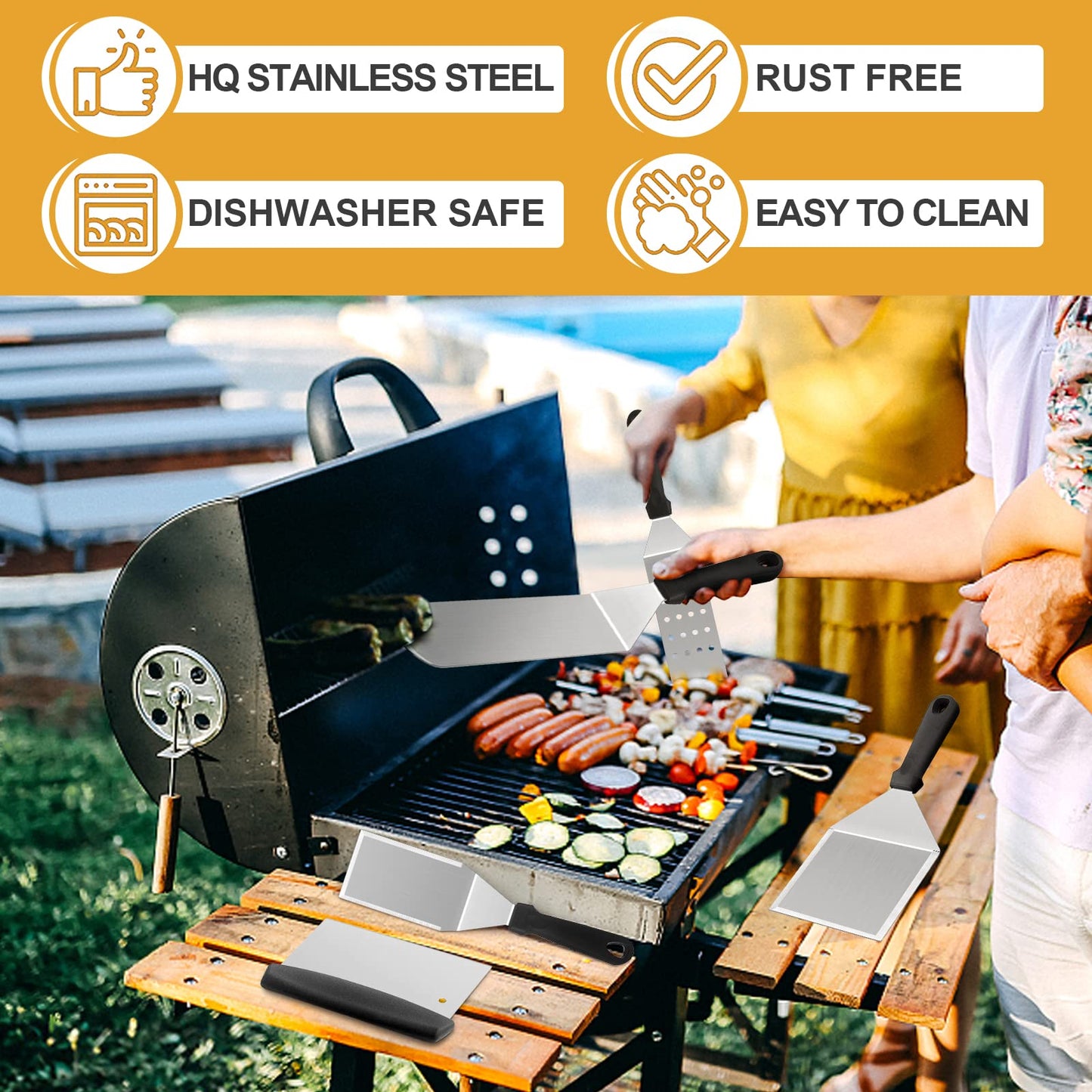 HaSteeL Griddle Accessories Kit of 5, Heavy Duty Metal Spatula, Professional Stainless Steel Flat Top Griddle Tools Set, Pancake Flipper/Griddle Scraper/Hamburger Turner for BBQ Grilling Cast Iron - CookCave