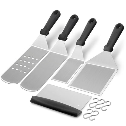 HaSteeL Griddle Accessories Kit of 5, Heavy Duty Metal Spatula, Professional Stainless Steel Flat Top Griddle Tools Set, Pancake Flipper/Griddle Scraper/Hamburger Turner for BBQ Grilling Cast Iron - CookCave