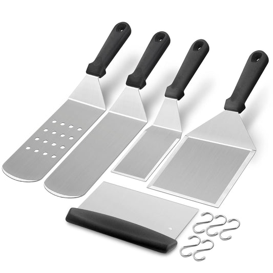 HaSteeL Griddle Accessories Kit of 5, Heavy Duty Metal Spatula, Professional Stainless Steel Flat Top Griddle Tools Set, Pancake Flipper/Griddle Scraper/Hamburger Turner for BBQ Grilling Cast Iron - CookCave
