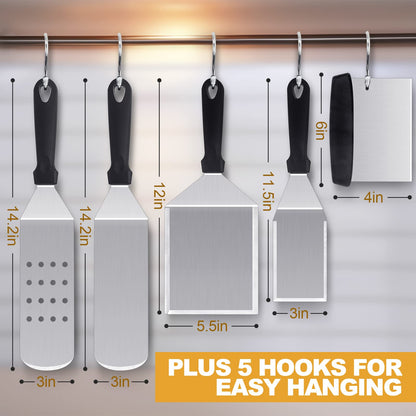 HaSteeL Griddle Accessories Kit of 5, Heavy Duty Metal Spatula, Professional Stainless Steel Flat Top Griddle Tools Set, Pancake Flipper/Griddle Scraper/Hamburger Turner for BBQ Grilling Cast Iron - CookCave