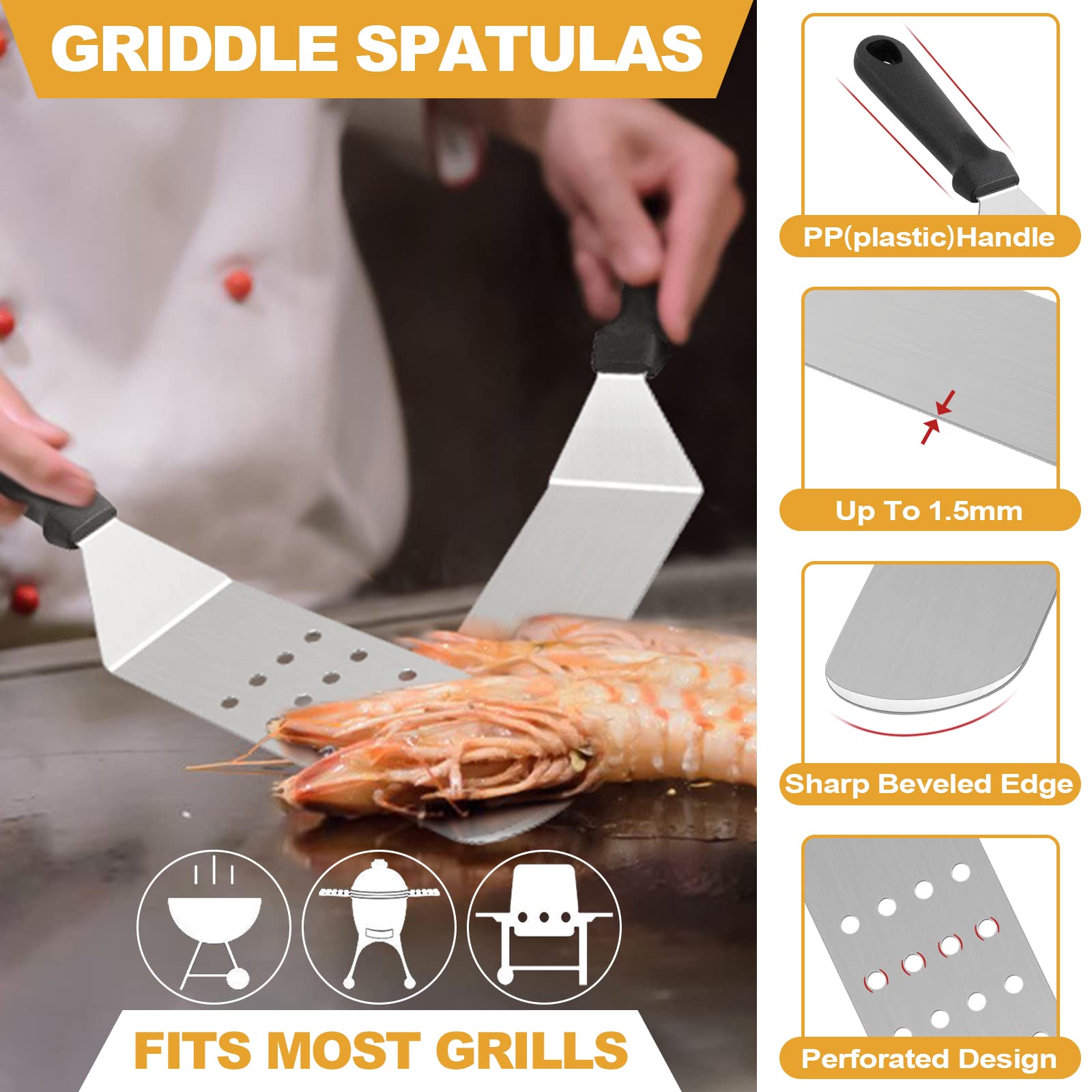 HaSteeL Griddle Accessories Kit of 5, Heavy Duty Metal Spatula, Professional Stainless Steel Flat Top Griddle Tools Set, Pancake Flipper/Griddle Scraper/Hamburger Turner for BBQ Grilling Cast Iron - CookCave