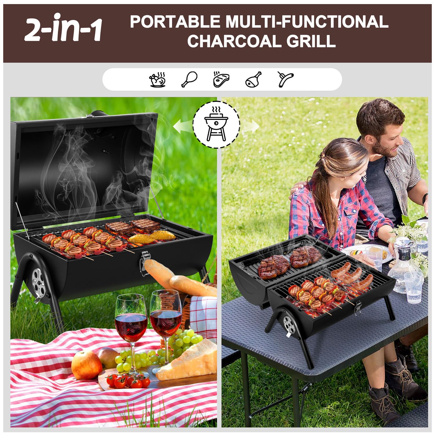 HaSteeL Portable Charcoal Grill, Outdoor Barbecue Folding Mini Smoker, Adjustable Small Tabletop Grill with Roasting Plate & Grill Grate, Two Side Grill for Camping Hiking Beach Garden Backyard Picnic - CookCave