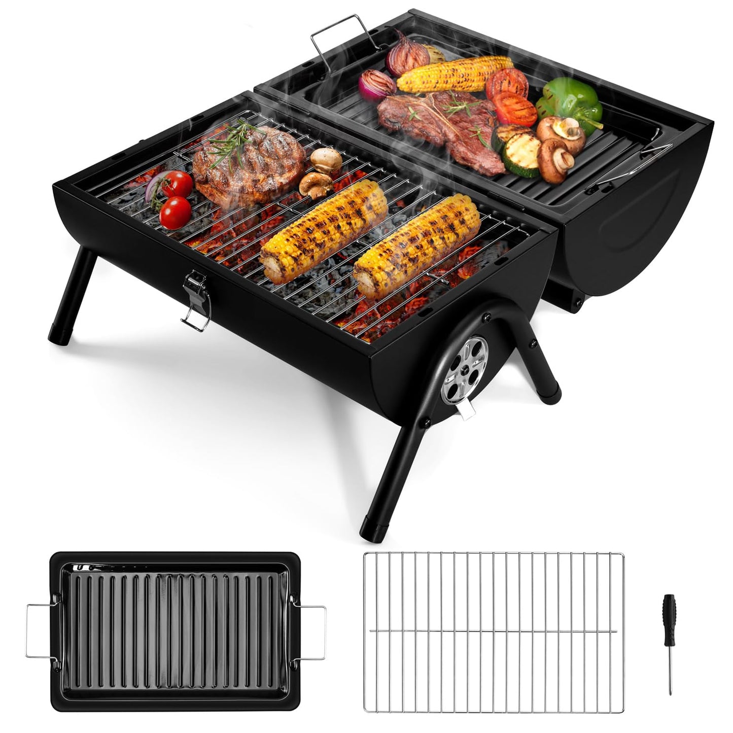 HaSteeL Portable Charcoal Grill, Outdoor Barbecue Folding Mini Smoker, Adjustable Small Tabletop Grill with Roasting Plate & Grill Grate, Two Side Grill for Camping Hiking Beach Garden Backyard Picnic - CookCave