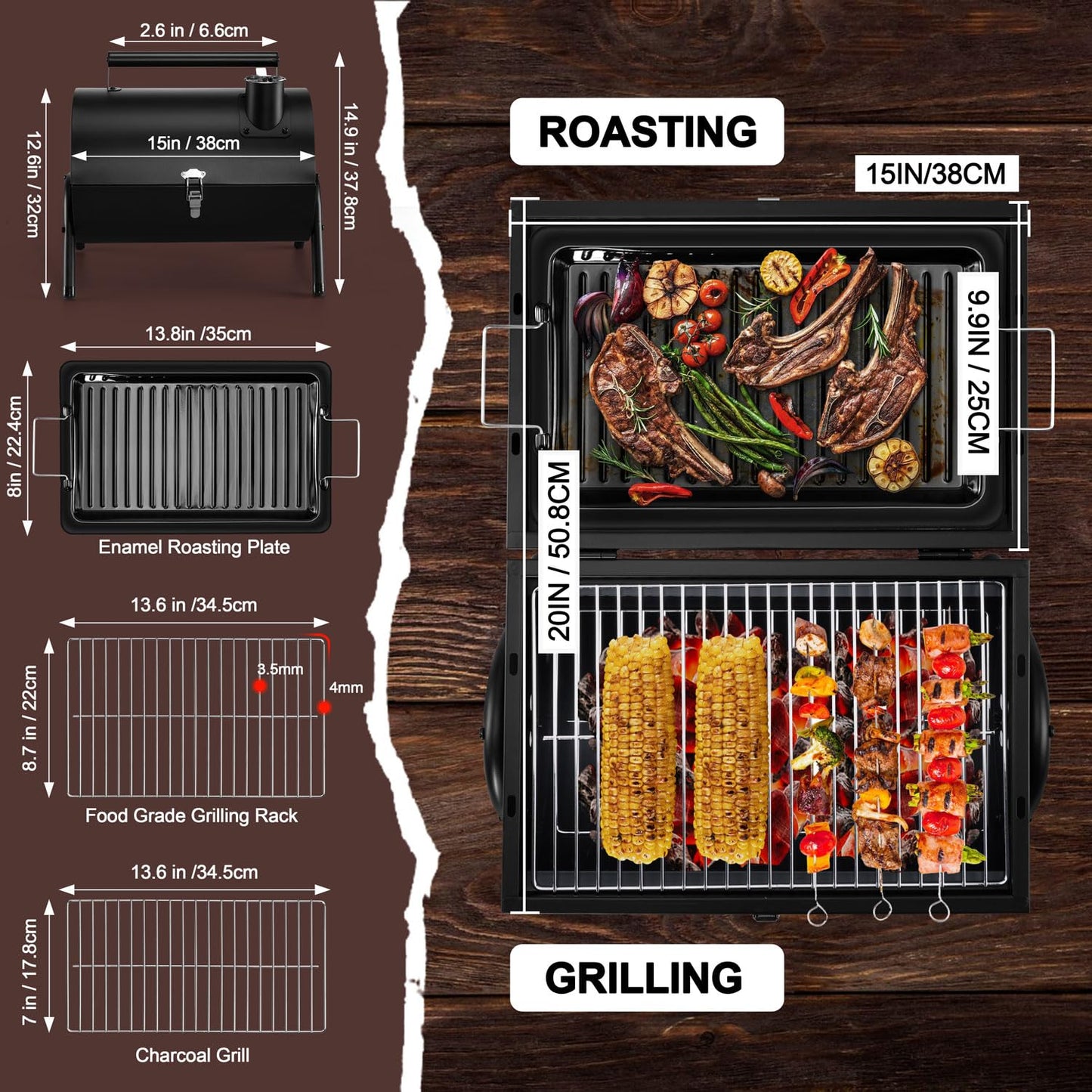 HaSteeL Portable Charcoal Grill, Outdoor Barbecue Folding Mini Smoker, Adjustable Small Tabletop Grill with Roasting Plate & Grill Grate, Two Side Grill for Camping Hiking Beach Garden Backyard Picnic - CookCave