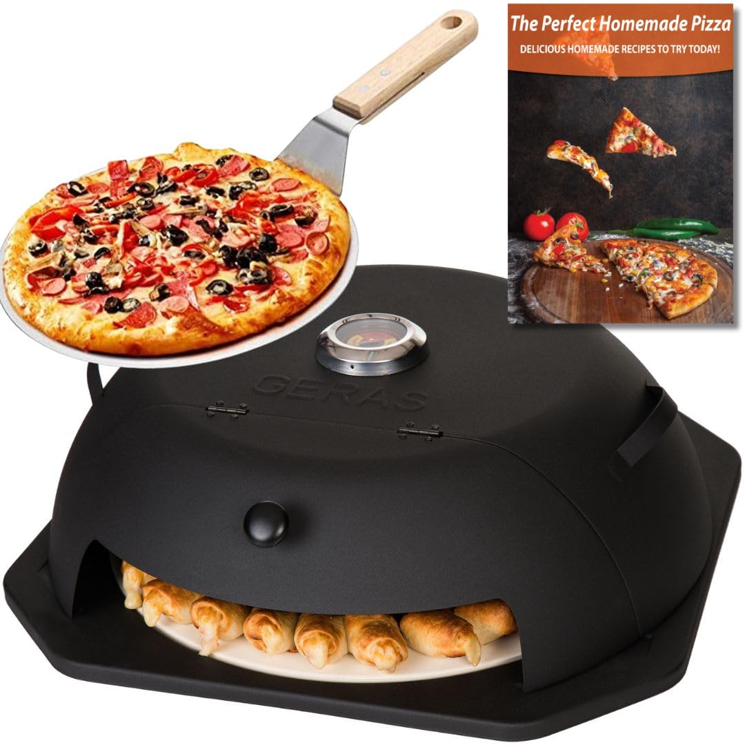 HeatGuard Pro Geras Pizza Oven for Grill - Grill Top Pizza Oven For Outdoor Camping - Pizza Stone, Pizza Peel Kit - Portable Backyard BBQ Pizzas Maker Charcoal, Pellet, Propane Gas Wood Attachment - CookCave