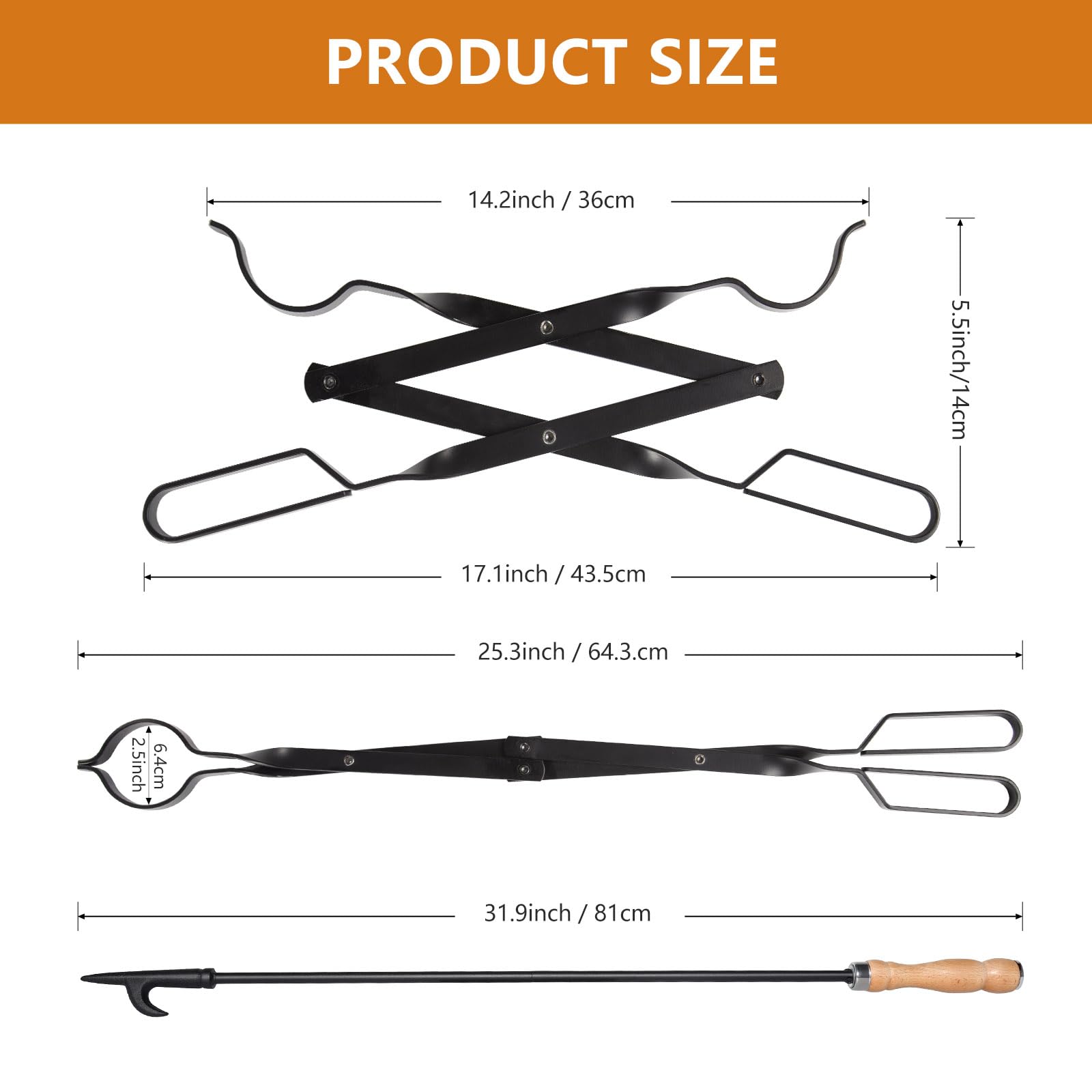 Heavy Duty 32” Long Fireplace Fire Pit Campfire Poker Stick and 26” Fireplace Tongs Tool Sets, Log Grabber, Rust Resistant Black Finish Camping Fireplace Tools for Indoor/Outdoor - CookCave