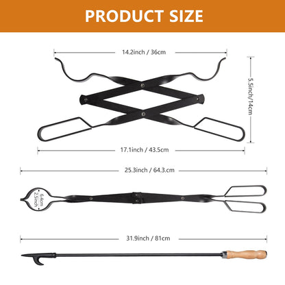 Heavy Duty 32” Long Fireplace Fire Pit Campfire Poker Stick and 26” Fireplace Tongs Tool Sets, Log Grabber, Rust Resistant Black Finish Camping Fireplace Tools for Indoor/Outdoor - CookCave