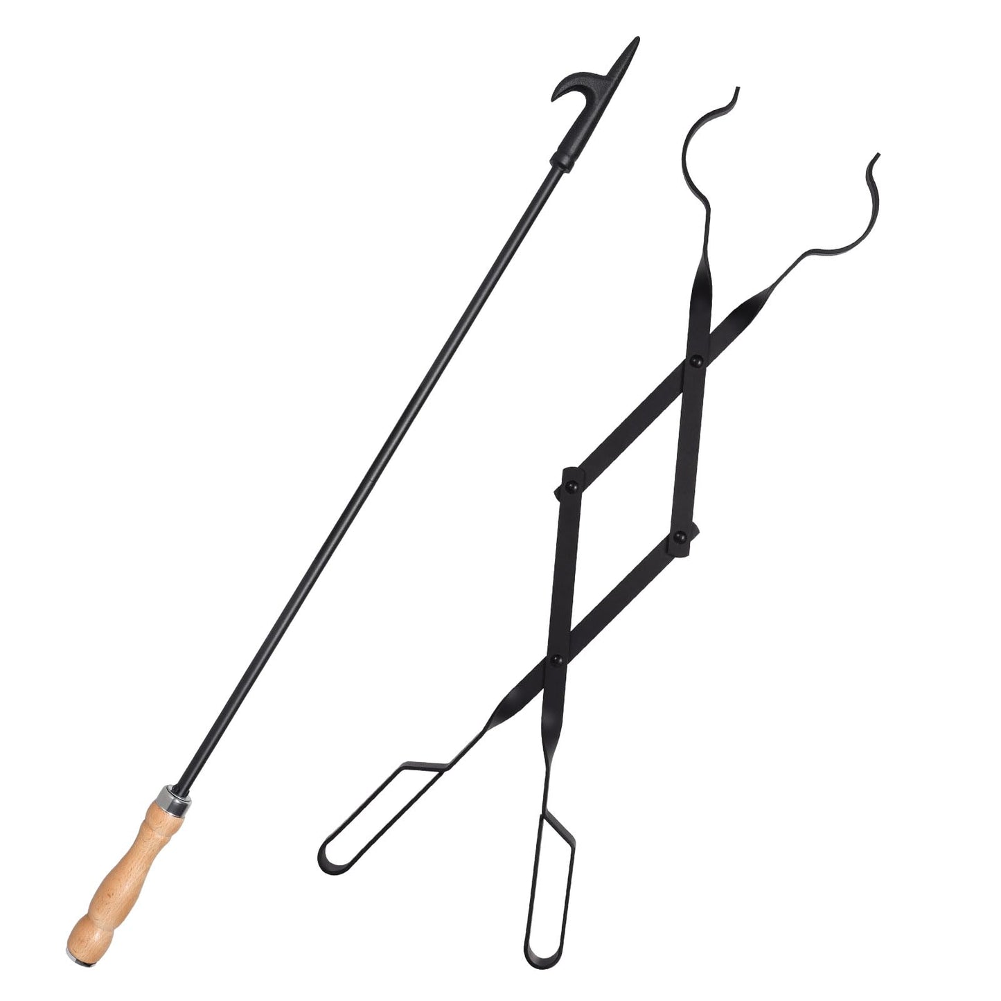 Heavy Duty 32” Long Fireplace Fire Pit Campfire Poker Stick and 26” Fireplace Tongs Tool Sets, Log Grabber, Rust Resistant Black Finish Camping Fireplace Tools for Indoor/Outdoor - CookCave