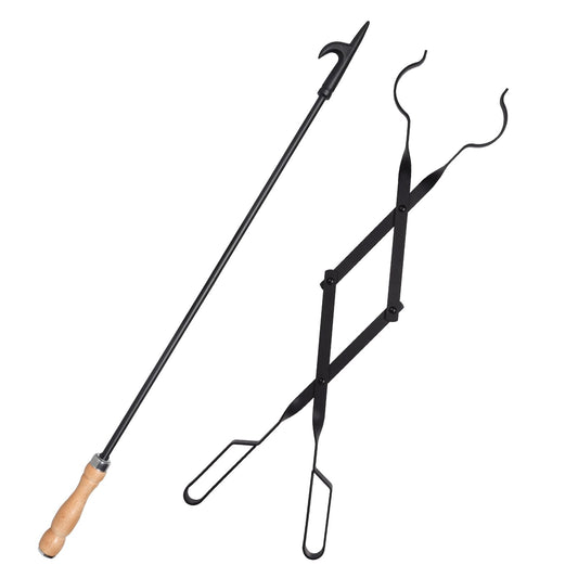 Heavy Duty 32” Long Fireplace Fire Pit Campfire Poker Stick and 26” Fireplace Tongs Tool Sets, Log Grabber, Rust Resistant Black Finish Camping Fireplace Tools for Indoor/Outdoor - CookCave