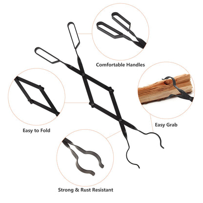 Heavy Duty 32” Long Fireplace Fire Pit Campfire Poker Stick and 26” Fireplace Tongs Tool Sets, Log Grabber, Rust Resistant Black Finish Camping Fireplace Tools for Indoor/Outdoor - CookCave