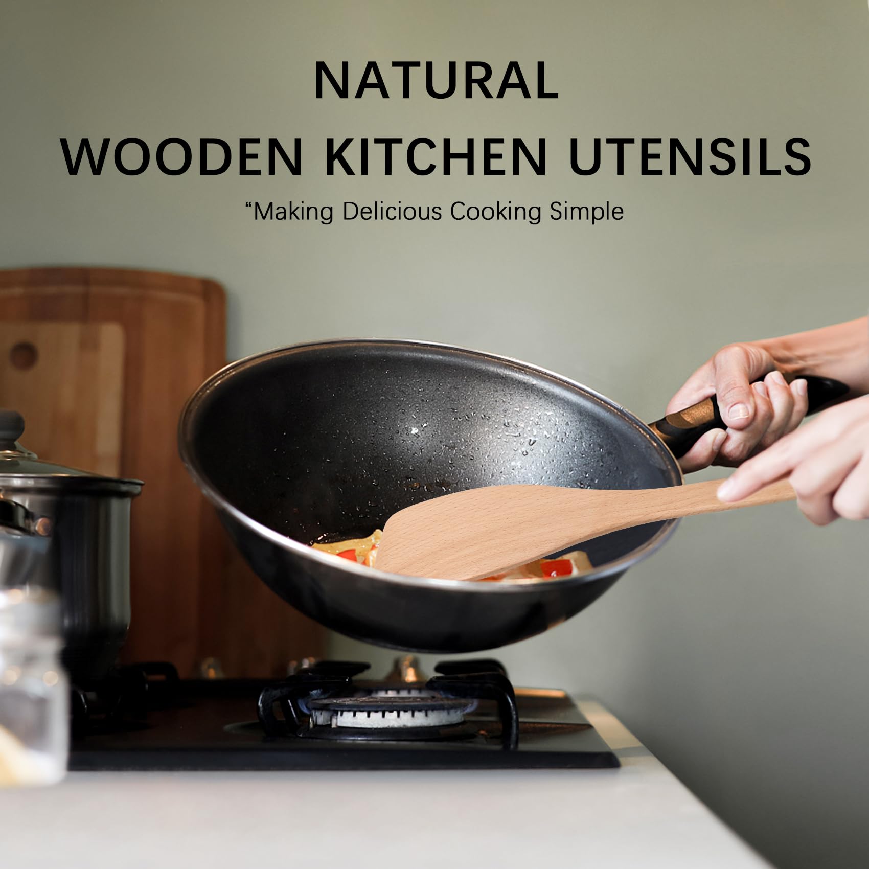 Hefild 2PCS Wooden Spatulas for Cooking, 13inch Uncoated Beech Wood Turners for Frying, Non-Scratch Wood Flat Spurtle for Pan & Wok, Wooden Cooking Utensils for Non Stick Cookware, Long Handle Scraper - CookCave