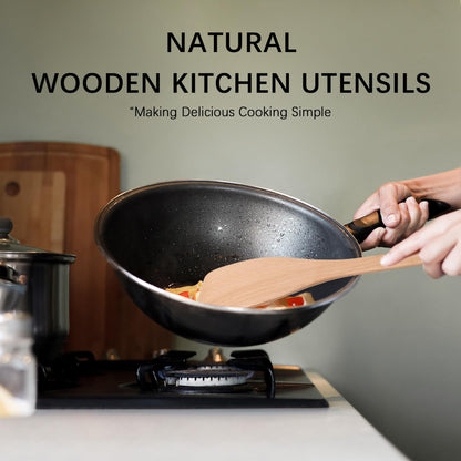 Hefild 2PCS Wooden Spatulas for Cooking, 13inch Uncoated Beech Wood Turners for Frying, Non-Scratch Wood Flat Spurtle for Pan & Wok, Wooden Cooking Utensils for Non Stick Cookware, Long Handle Scraper - CookCave