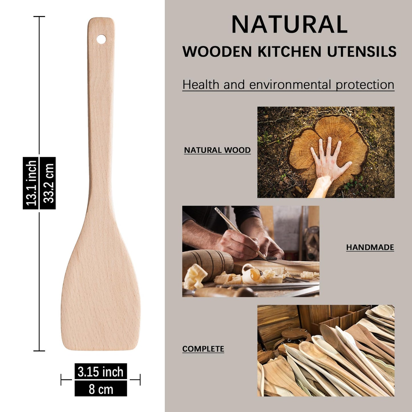 Hefild 2PCS Wooden Spatulas for Cooking, 13inch Uncoated Beech Wood Turners for Frying, Non-Scratch Wood Flat Spurtle for Pan & Wok, Wooden Cooking Utensils for Non Stick Cookware, Long Handle Scraper - CookCave