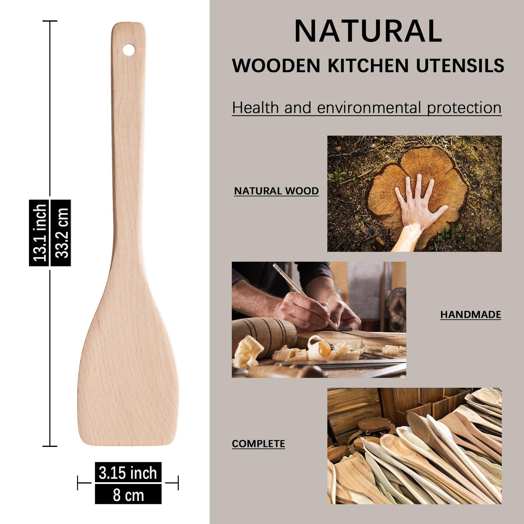 Hefild 2PCS Wooden Spatulas for Cooking, 13inch Uncoated Beech Wood Turners for Frying, Non-Scratch Wood Flat Spurtle for Pan & Wok, Wooden Cooking Utensils for Non Stick Cookware, Long Handle Scraper - CookCave
