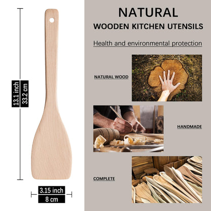 Hefild 2PCS Wooden Spatulas for Cooking, 13inch Uncoated Beech Wood Turners for Frying, Non-Scratch Wood Flat Spurtle for Pan & Wok, Wooden Cooking Utensils for Non Stick Cookware, Long Handle Scraper - CookCave