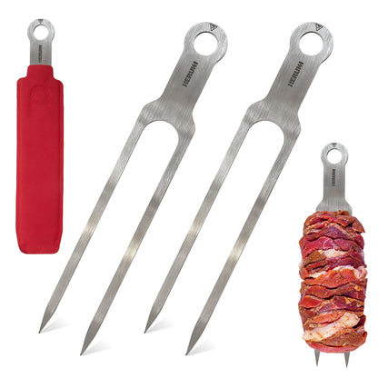 HERUKI Double Skewers 14.4" Stainless Steel Heavy Duty Double Prong Skewers for BBQ Kabob Shawarma Meat Fish Chicken Gift for Valentine Accessories for Grill Master Arsenal - 2 Units (Silver and red) - CookCave