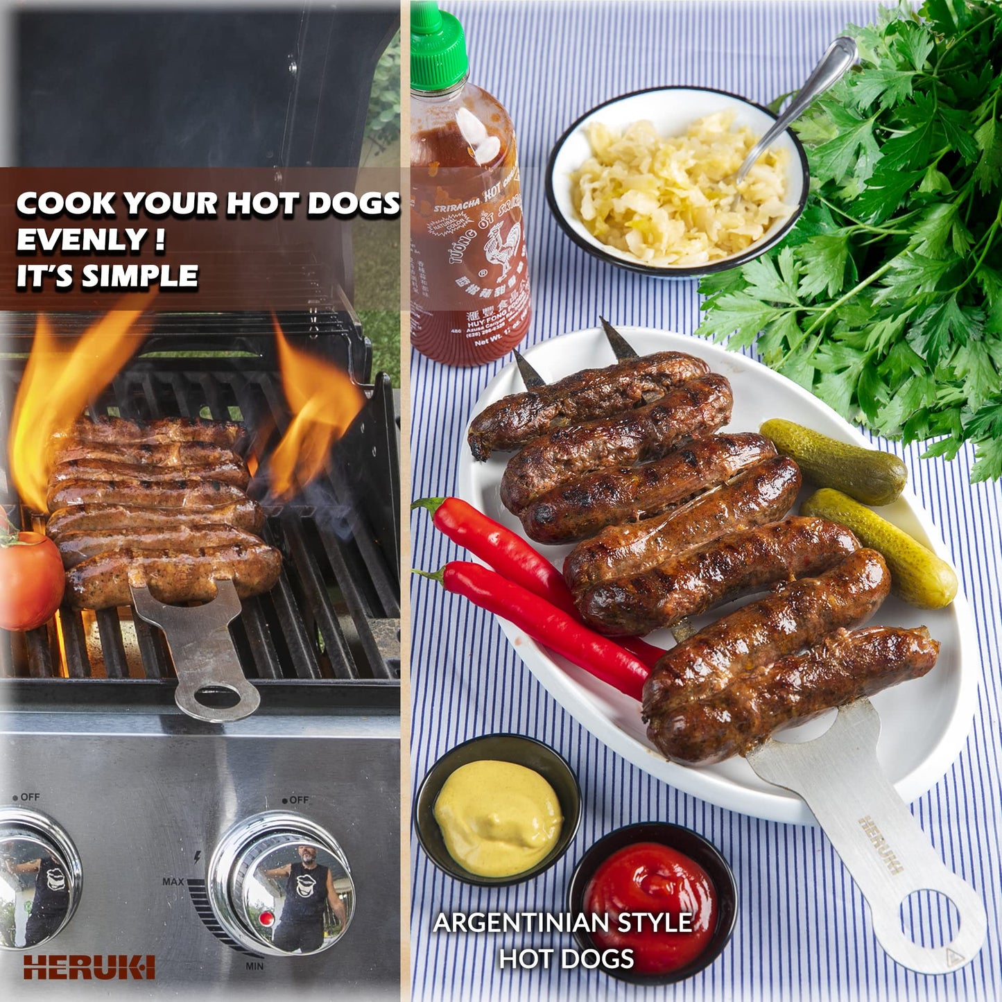 HERUKI Double Skewers 14.4" Stainless Steel Heavy Duty Double Prong Skewers for BBQ Kabob Shawarma Meat Fish Chicken Gift for Valentine Accessories for Grill Master Arsenal - 2 Units (Silver and red) - CookCave