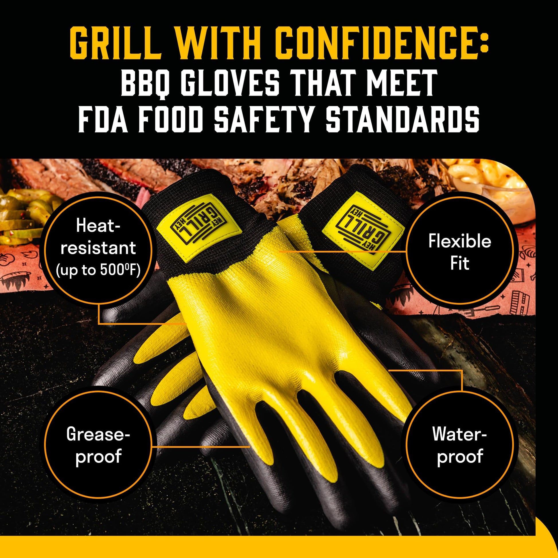 Hey Grill Hey Pitmaster Gloves | BBQ Gloves | Heat Protection up to 500°F or 260°C | High Temp Resistance | Fireproof Glove for Grilling Smoking Barbecue | Washable Mitts | Waterproof | Size - Large - CookCave