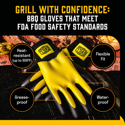 Hey Grill Hey Pitmaster Gloves | BBQ Gloves | Heat Protection up to 500°F or 260°C | High Temp Resistance | Fireproof Glove for Grilling Smoking Barbecue | Washable Mitts | Waterproof | Size - Large - CookCave