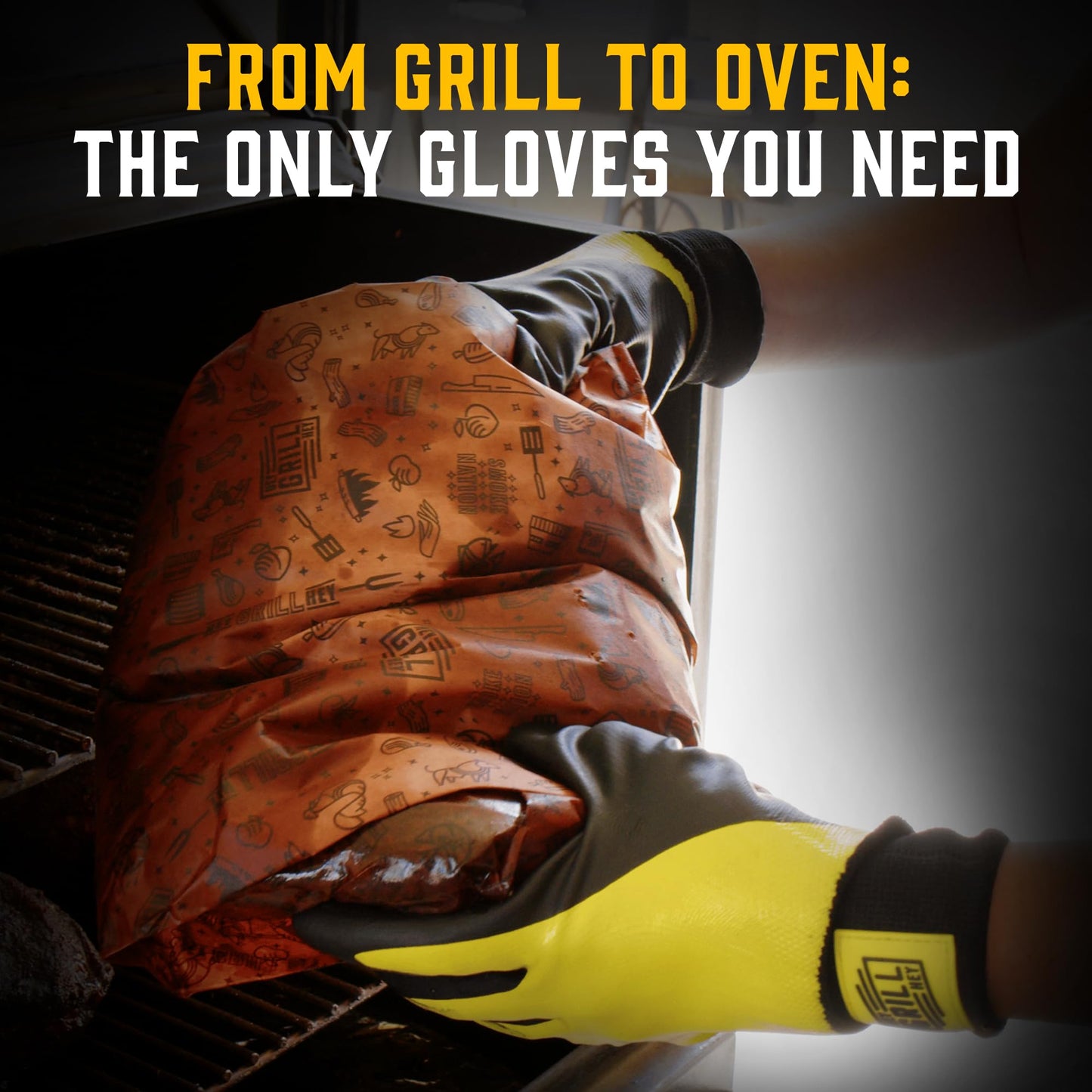 Hey Grill Hey Pitmaster Gloves | BBQ Gloves | Heat Protection up to 500°F or 260°C | High Temp Resistance | Fireproof Glove for Grilling Smoking Barbecue | Washable Mitts | Waterproof | Size - Large - CookCave