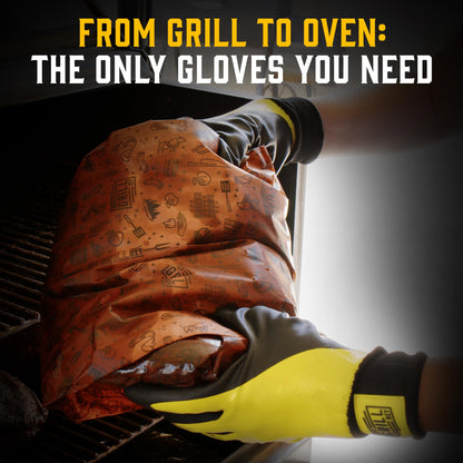 Hey Grill Hey Pitmaster Gloves | BBQ Gloves | Heat Protection up to 500°F or 260°C | High Temp Resistance | Fireproof Glove for Grilling Smoking Barbecue | Washable Mitts | Waterproof | Size - Large - CookCave