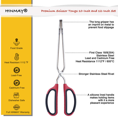 HINMAY Stainless Steel Scissor Tongs 10-Inch and 12-Inch Set, Set of 2 - CookCave