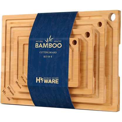 Hiware 4-Piece Extra Large Bamboo Cutting Boards Set for Kitchen, Heavy Duty Cutting Board with Juice Groove, Bamboo Chopping Board Set for Meat, Vegetables - Pre Oiled - CookCave
