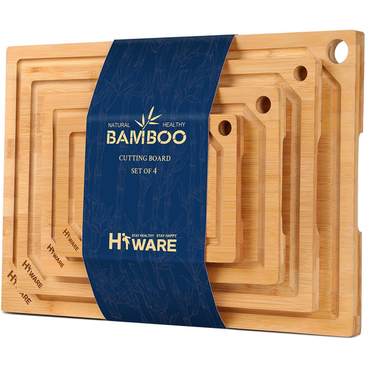 Hiware 4-Piece Extra Large Bamboo Cutting Boards Set for Kitchen, Heavy Duty Cutting Board with Juice Groove, Bamboo Chopping Board Set for Meat, Vegetables - Pre Oiled - CookCave