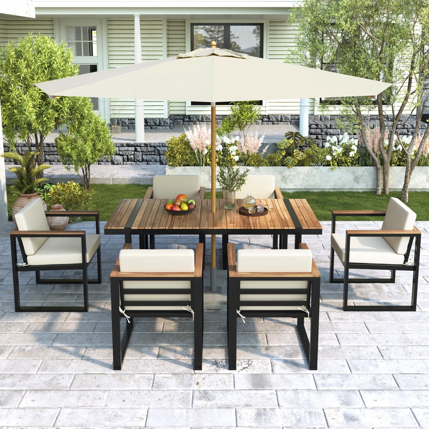 Hlcodca Modern 7-Piece Acacia Wood & Steel Outdoor Dining Set with Umbrella Hole and Cushions, Patio Furniture for Garden, Balcony, or Backyard - CookCave