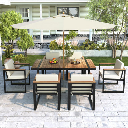 Hlcodca Modern 7-Piece Acacia Wood & Steel Outdoor Dining Set with Umbrella Hole and Cushions, Patio Furniture for Garden, Balcony, or Backyard - CookCave