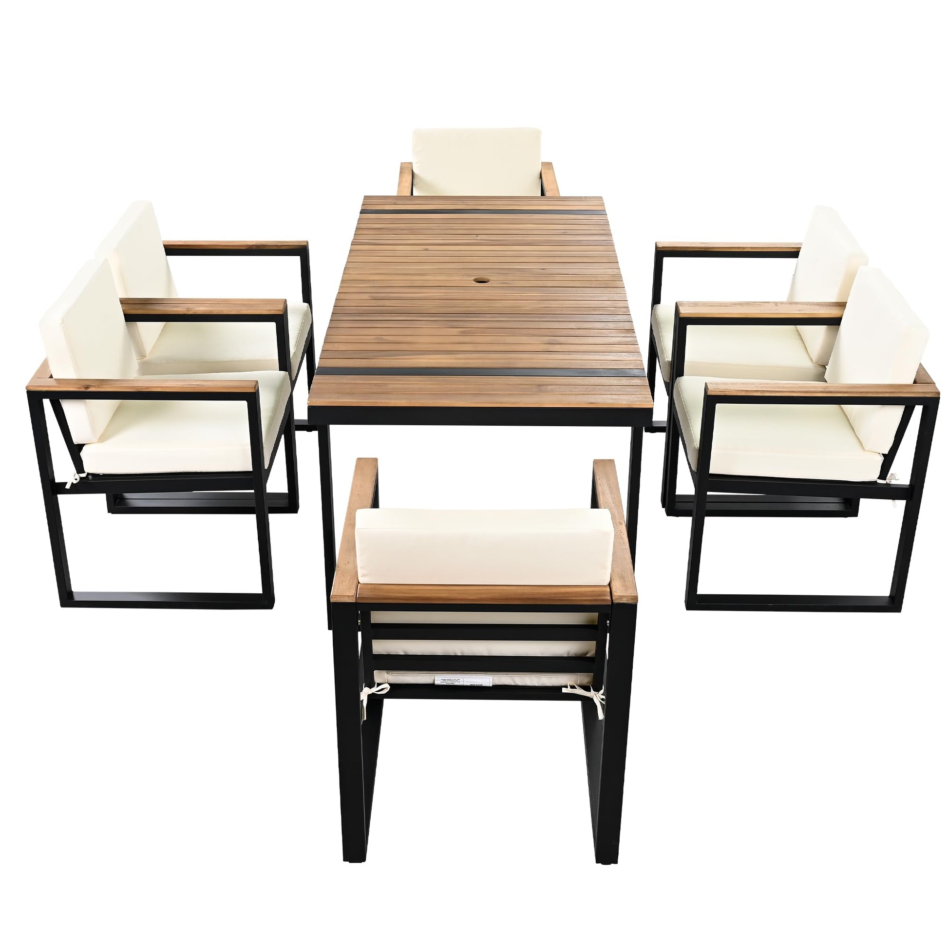 Hlcodca Modern 7-Piece Acacia Wood & Steel Outdoor Dining Set with Umbrella Hole and Cushions, Patio Furniture for Garden, Balcony, or Backyard - CookCave