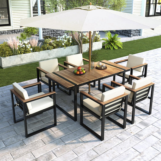 Hlcodca Modern 7-Piece Acacia Wood & Steel Outdoor Dining Set with Umbrella Hole and Cushions, Patio Furniture for Garden, Balcony, or Backyard - CookCave