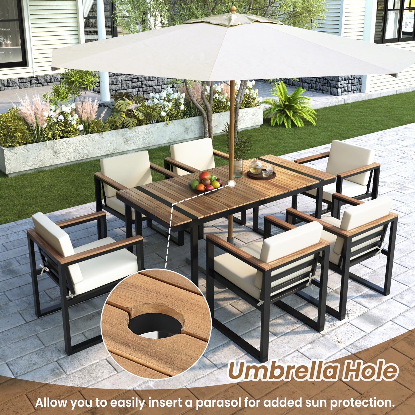Hlcodca Modern 7-Piece Acacia Wood & Steel Outdoor Dining Set with Umbrella Hole and Cushions, Patio Furniture for Garden, Balcony, or Backyard - CookCave