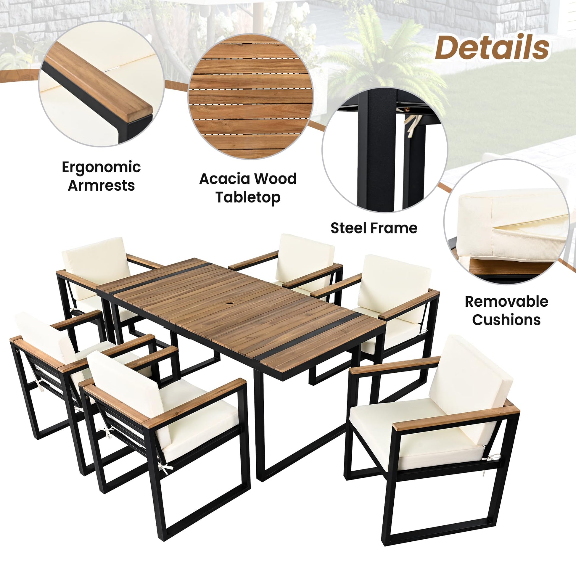 Hlcodca Modern 7-Piece Acacia Wood & Steel Outdoor Dining Set with Umbrella Hole and Cushions, Patio Furniture for Garden, Balcony, or Backyard - CookCave