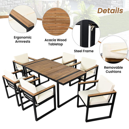 Hlcodca Modern 7-Piece Acacia Wood & Steel Outdoor Dining Set with Umbrella Hole and Cushions, Patio Furniture for Garden, Balcony, or Backyard - CookCave