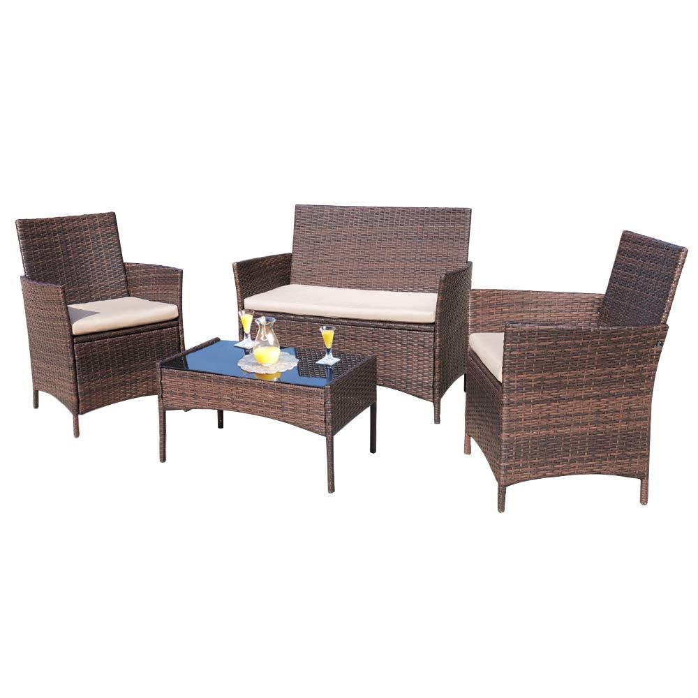 Homall 4 Pieces Outdoor Patio Furniture Sets Rattan Chair Wicker Set, Outdoor Indoor Use Backyard Porch Garden Poolside Balcony Furniture Sets Clearance (Brown and Beige) - CookCave