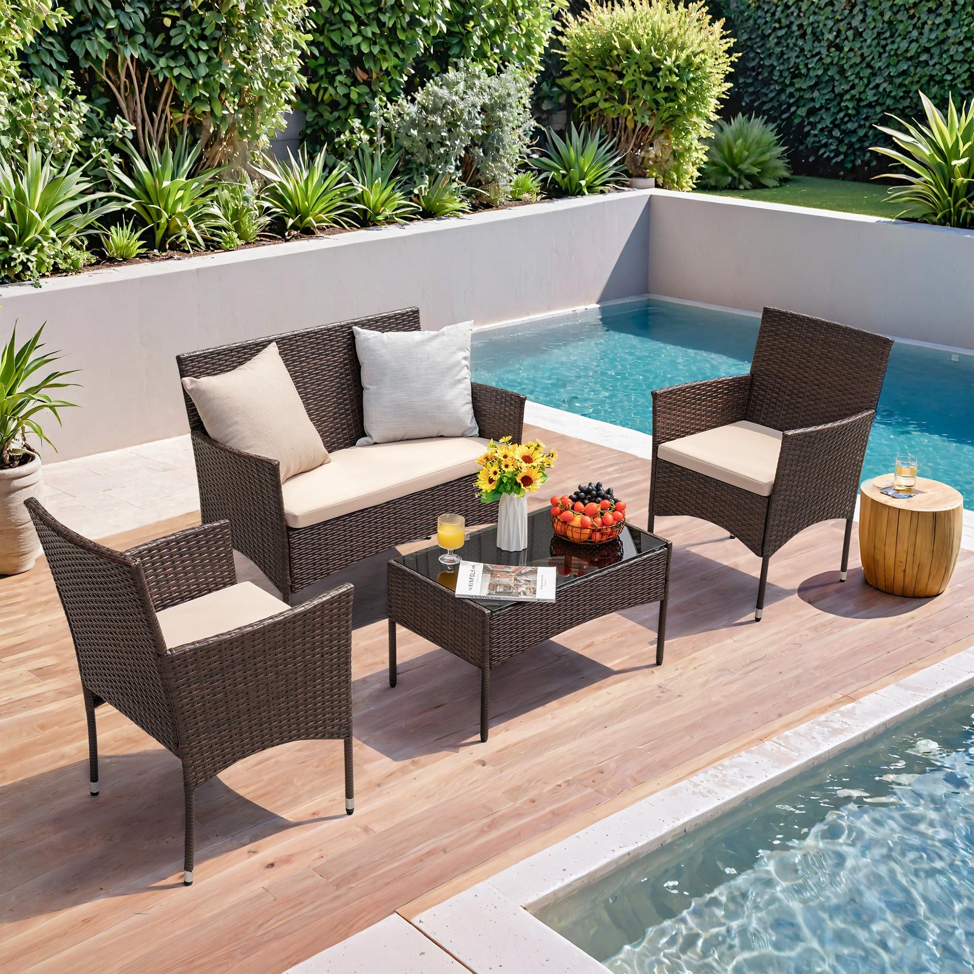 Homall 4 Pieces Outdoor Patio Furniture Sets Rattan Chair Wicker Set, Outdoor Indoor Use Backyard Porch Garden Poolside Balcony Furniture Sets Clearance (Brown and Beige) - CookCave
