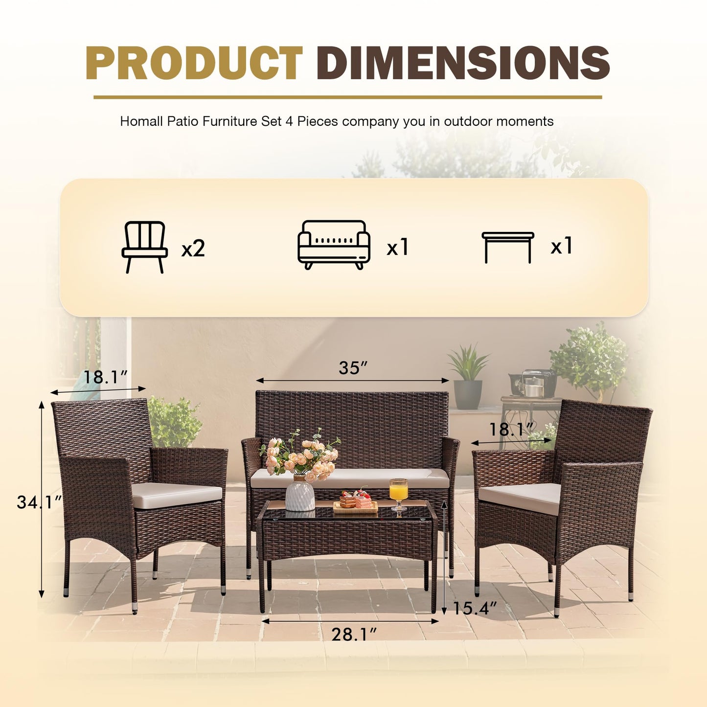 Homall 4 Pieces Outdoor Patio Furniture Sets Rattan Chair Wicker Set, Outdoor Indoor Use Backyard Porch Garden Poolside Balcony Furniture Sets Clearance (Brown and Beige) - CookCave