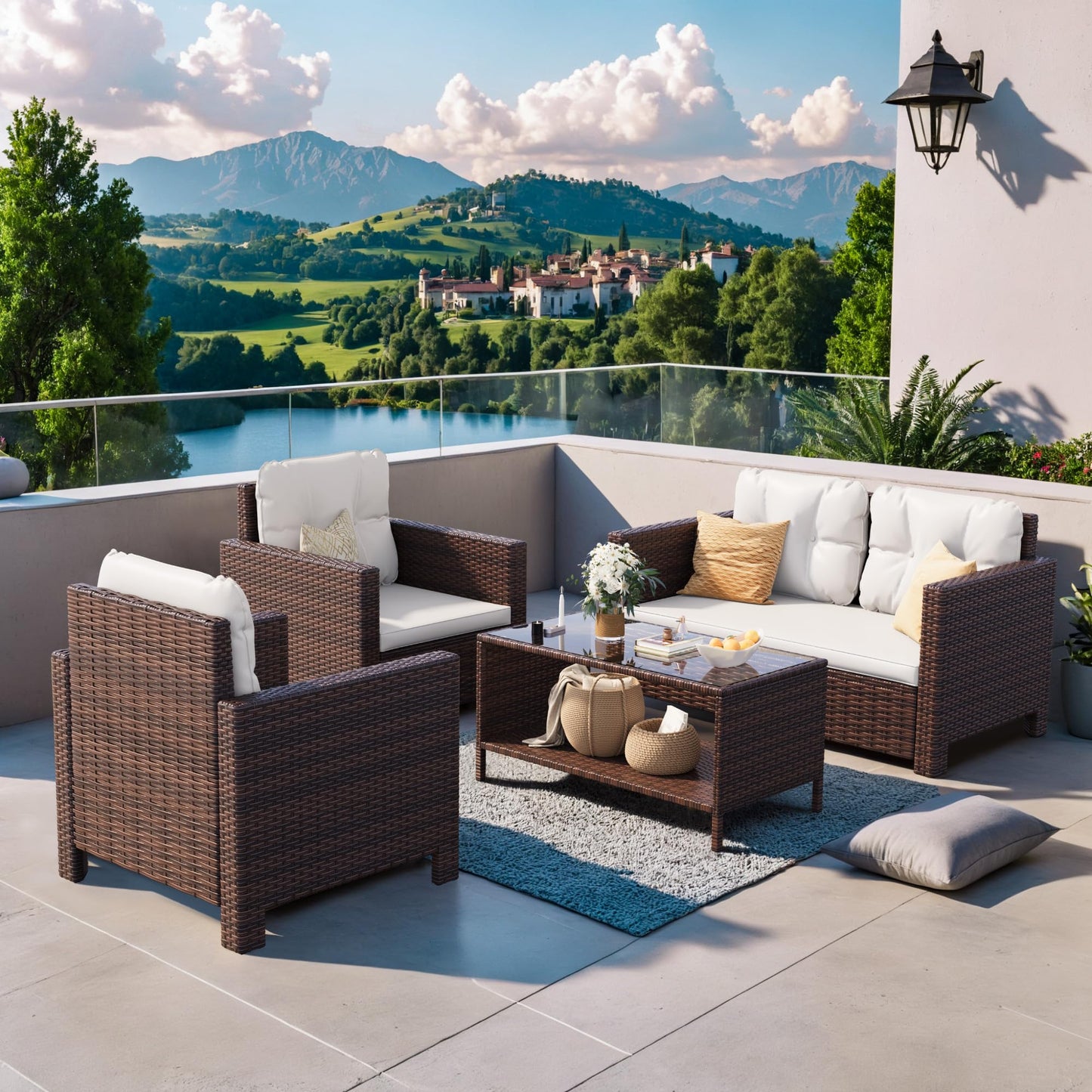 Homall 4 Pieces Patio Furniture Sets Rattan Chair Wicker Conversation Sofa Set, Outdoor Indoor Backyard Porch Garden Poolside Balcony Use (Beige) - CookCave