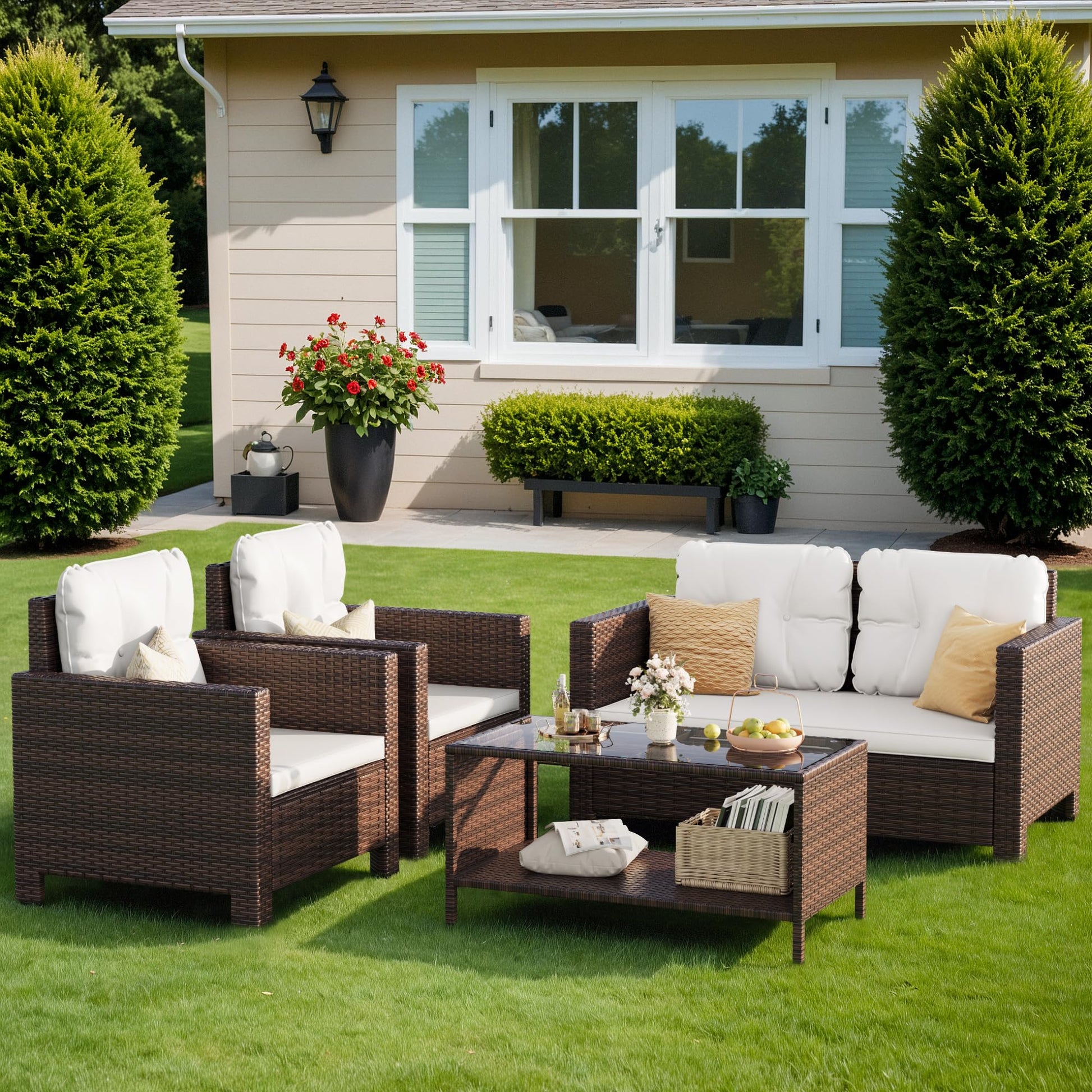 Homall 4 Pieces Patio Furniture Sets Rattan Chair Wicker Conversation Sofa Set, Outdoor Indoor Backyard Porch Garden Poolside Balcony Use (Beige) - CookCave