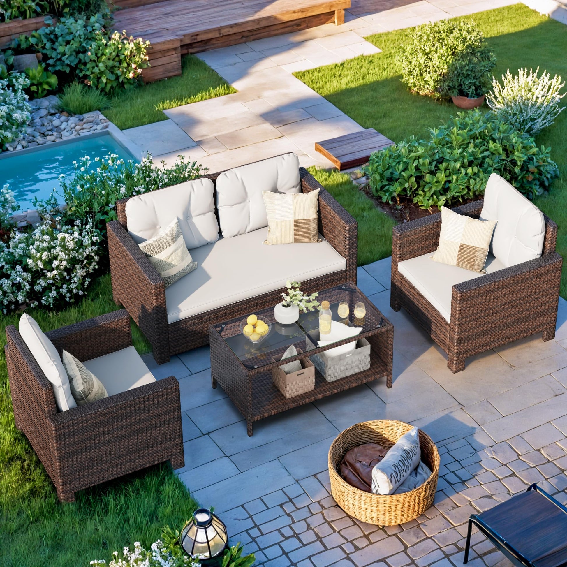 Homall 4 Pieces Patio Furniture Sets Rattan Chair Wicker Conversation Sofa Set, Outdoor Indoor Backyard Porch Garden Poolside Balcony Use (Beige) - CookCave