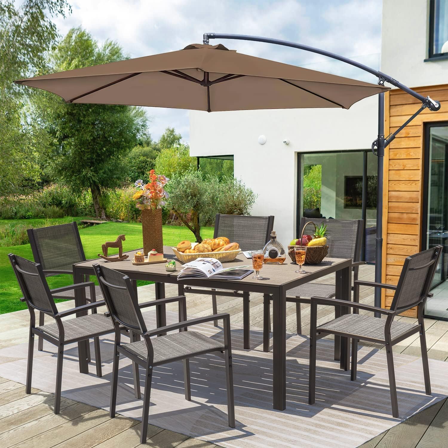 Homall Patio Dining Set 7 Pieces Outdoor Furniture Table and 6 Textilene Chairs, Light Grey - CookCave