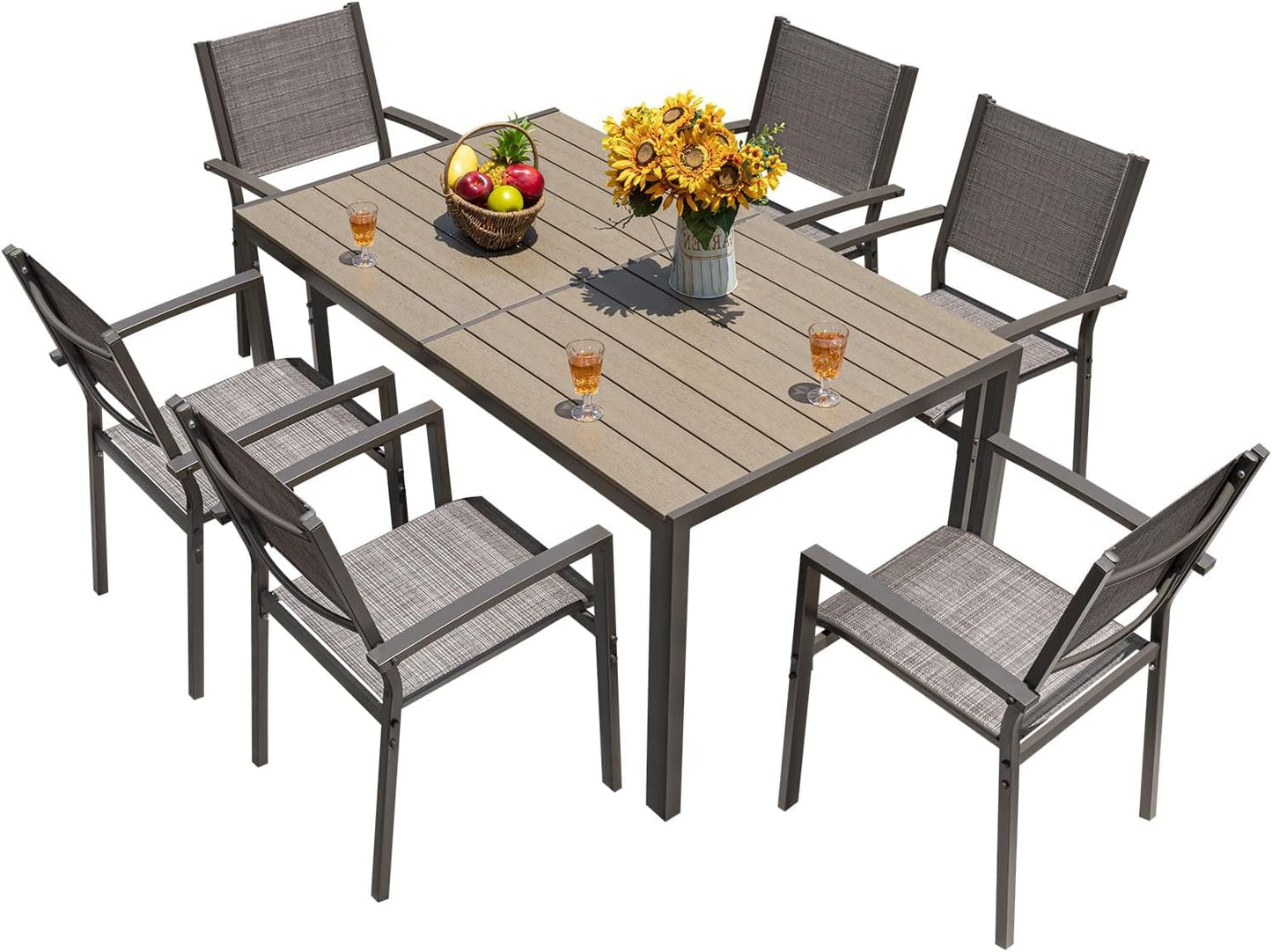 Homall Patio Dining Set 7 Pieces Outdoor Furniture Table and 6 Textilene Chairs, Light Grey - CookCave